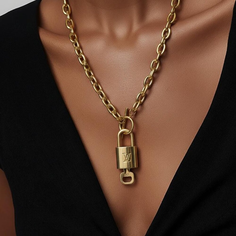 Authentic Louis Vuitton Gold Padlock w/Unbranded Stainless Steel Chain Necklace - Picture 3 of 14